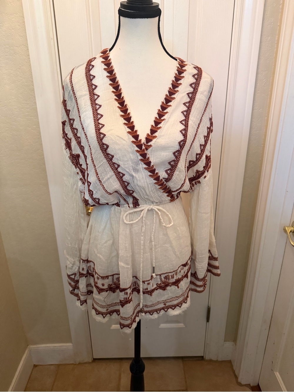 0011. Free People White Tunic with Brown Embroidered Trim
